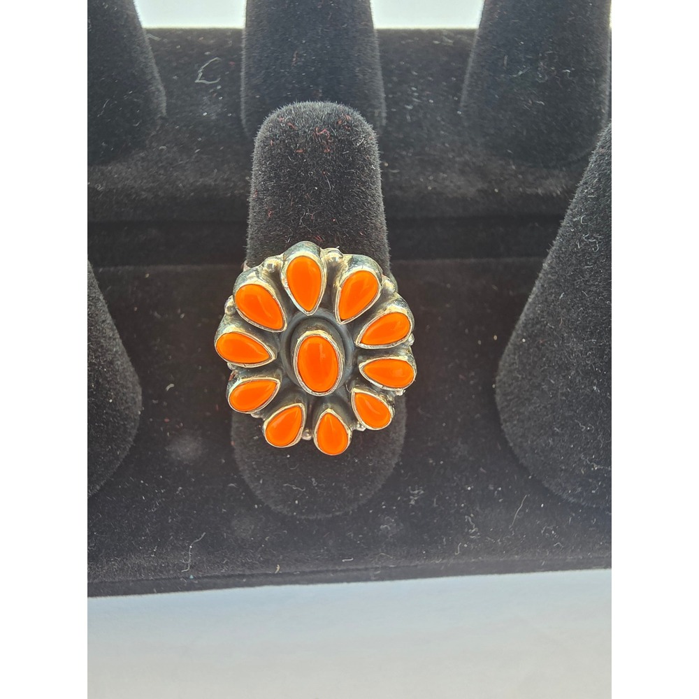 Sterling Silver 925 Orange Spiny Oyster Floral Cluster Statement Ring Size 7